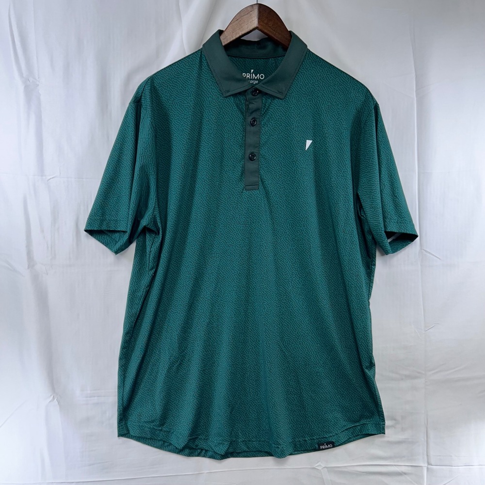 Primo Performance Polo Men Large Green Geometric Maze Print Short Sleeve Stretch